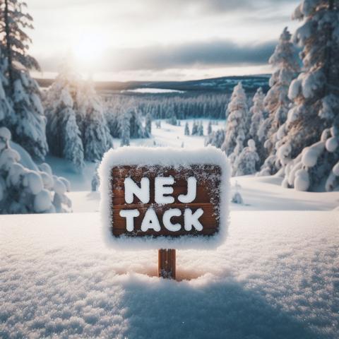 skylt i snöig skog med texten nej tack