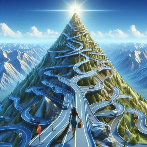 Berg med många slingriga vägar upp til toppen