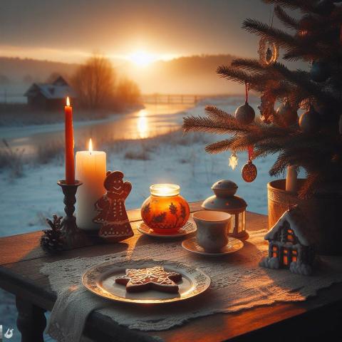 Pepparkaksfika med utsikt över ett snöigt landskap.