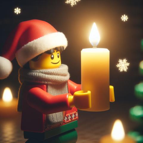 Legogubbe som håller i julljus