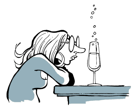 Tecknad bild av kvinna med glasögon som sitter lutad mot ett bord med champangeglas framför sig 